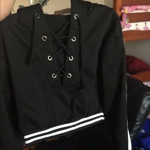 Cute! Black Lace up Sweatshirt With White Stripes